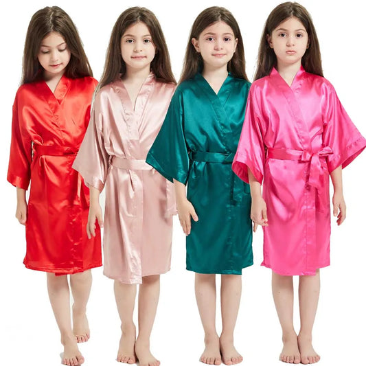 3-13Y Boy Girl Bathrobe Pink Satin Silk Kids Robes Summer Sleepwear Children's Kimono Bath Towel Robe Wedding Spa Party Birthday