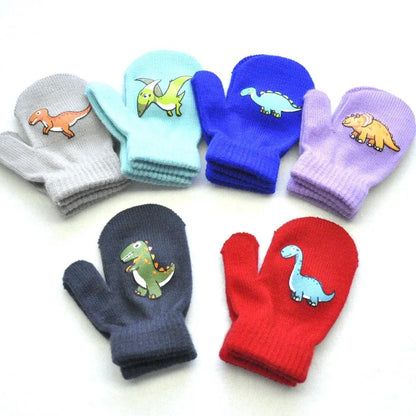 1-5years Kids Winter Mittens Outdoor Sport Warm Wool Gloves Cartoon Dinosaur Knitted Mittens for Baby Girls Baby Boys KF192