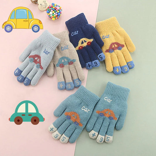 Children Gloves For 4-8 Years Boys Winter Knitted Soft Warm Cute Cartoon Car Kids Gloves Full Finger Girls Mittens