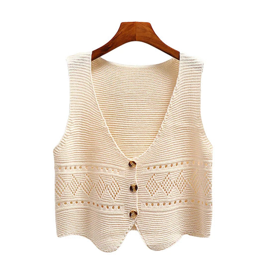 2024 Korean Fashion V Neck Loose Sleeveless Sweater Vest Women Knitted Hollow Out Single Breasted Short Cardigan Female Knitwear