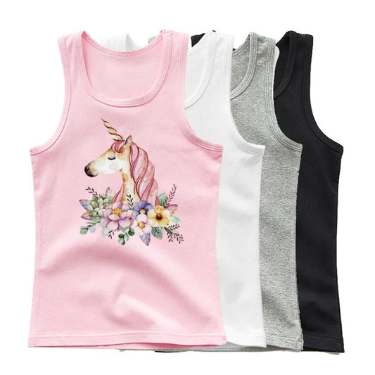 3-14years Girls Flower Unicorn Sleeveless T-shirt Kids Cartoon Singlet Children Cotton Tank Tops Summer Cute Undershirt