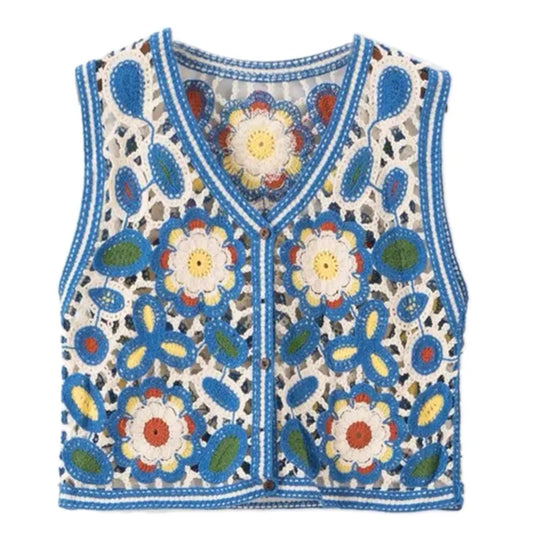 Lovely Women Summer Waistcoats Sleeveless Button Down Crochet Ins Floral Knit Cardigan Tops Ins Korean Female Outerwear M6CD