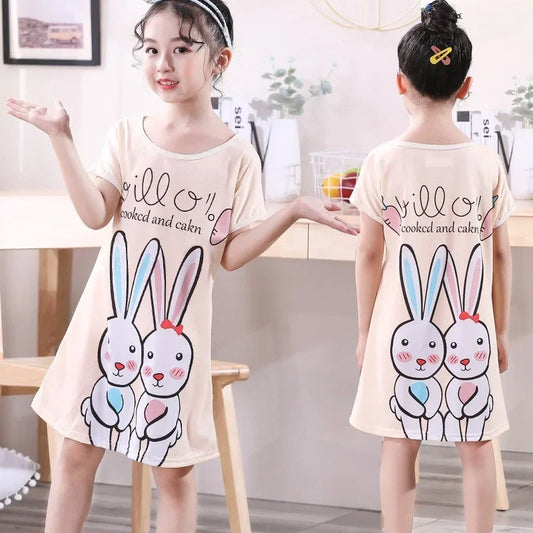 3-10Yrs Girls Dress Summer Kids Girls Cartoon Pajamas Teenager Night Dresses Baby Nightdress Children Clothes