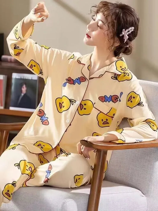 Long Sleeve Spring Simple Yellow Duck Ink Orchid Casual Stretch Peach Heart Cardigan Lapel Milk Silk Loose Home Women's pyjamas