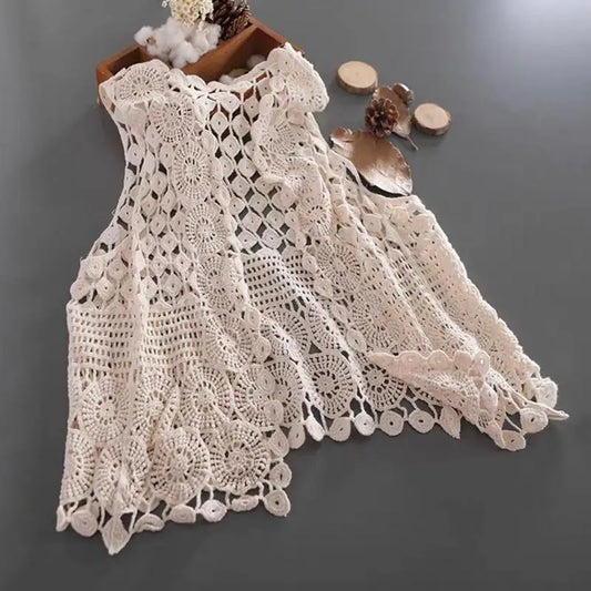 Women Summer Crochet Sleeveless Vest Waistcoat Ethnic Hollow Out Knit Diamond Circle Pattern Solid Color Cardigan Beach Cover Up