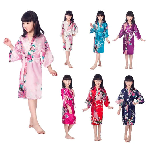 Kids Satin Floral Kimono Robe Flower Girl Peacock Bath Robes for Wedding Spa Party Gifts Bridal Lingerie Sleepwear Bathrobe