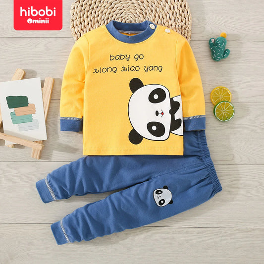 hibobi 2-Piece Children's Pajama Pants Set Cute Panda Pattern Comfortable Round Neck Boys Home Wear Set For Aged 1-4 Years Old