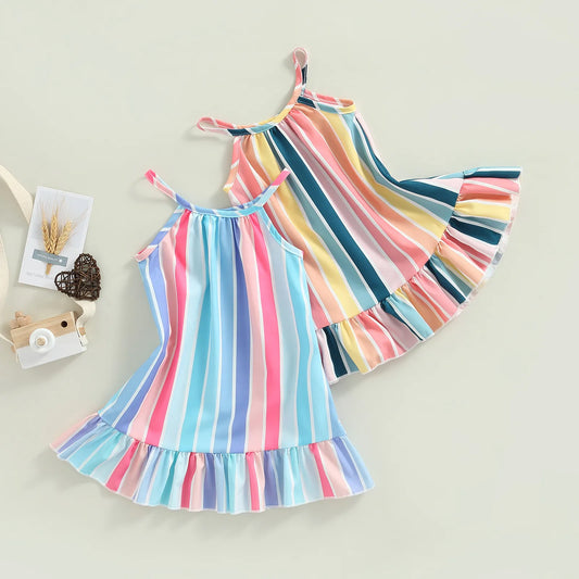 Kids Infant Baby Girls Summer Sleeveless Dress Vertical Stripe Print Ruffle Hem Casual Spaghetti Strap Dress 6M-4T