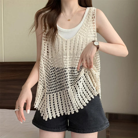 Hooked flower hollowed out knitted vest for women's top, retro loose fitting, sleeveless suspender top, summer cool style