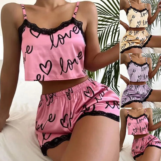 2 Pieces Set Women'S Pajama Shorts Suit Homewear Print Underwear Pijama Sexy Lingerie Camisoles Tanks Nighty Ladies Sleepwear
