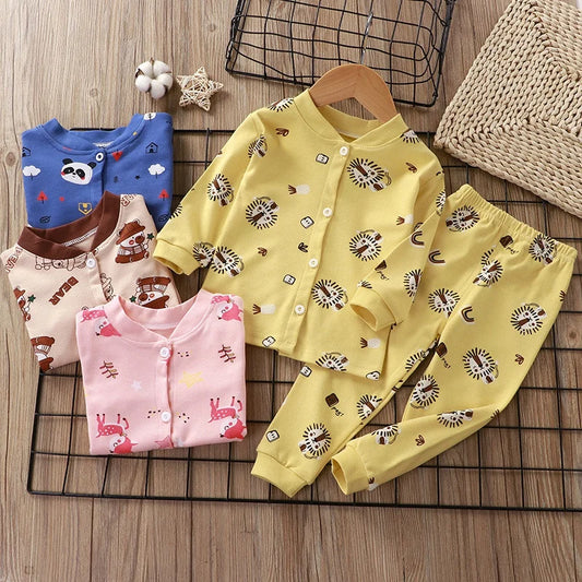 Children's Boys Girls Sleepwear Cardigan Pajamas Korean Version Single Breasted Home Suit Set