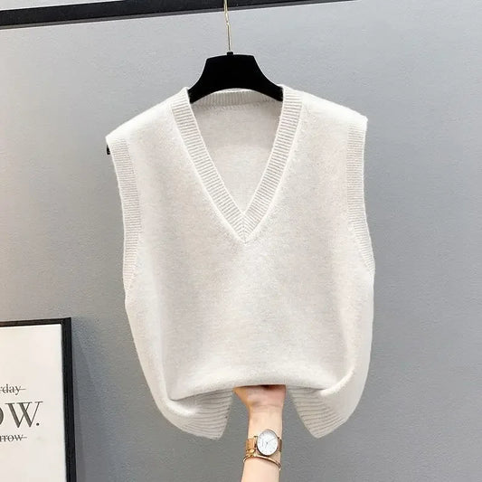 Women's Sleeveless Knitted Sweater Loose V Neck Sleeveless Knitwear Vest for Women Crop Knit Gilet Solid Color Waistcoat