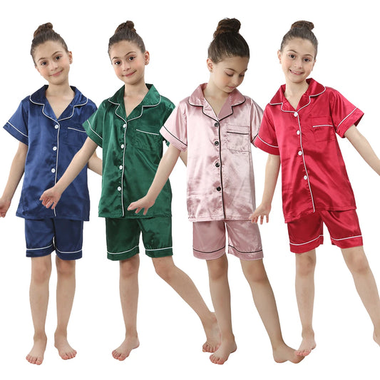 2 4 6 8 10 12 14 Years Children Pajamas Satin Silk Summer Toddler Boys Girls for Teens Pink Kids Pijamas Short Sleeve Pyjama Set