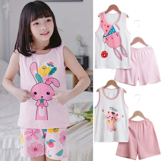 Girls Pajamas Sets Cotton Child Pajamas Toddler Summer Sleeveless Baby Nightwear Pyjamas Kids Rabbit Cartoon Homewear Clothes