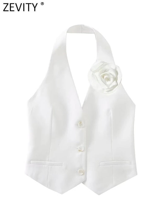 Zevity Women Fashion Single Breasted Flower Design White Halter Vest Jacket Office Ladies Sleeveless Crop WaistCoat Tops CT4438