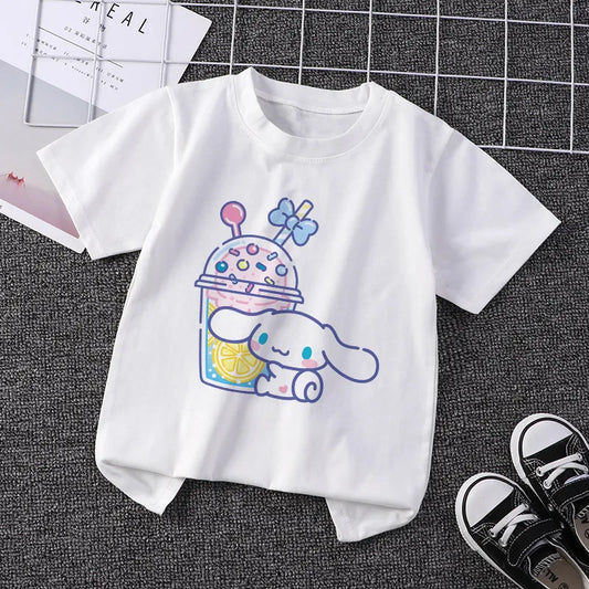 Sanrio Children T-shirt Kawaii T Shirt Hello Kitty Cinnamoroll Cartoons Casual Clothes Anime Tee Shirts Kid Clothing for Girls