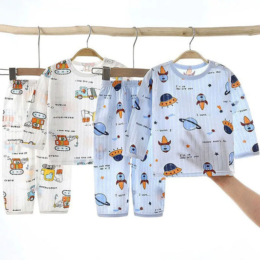 Top+Pants 2-Piece Set Breathable Soft Cotton Pajamas Children Boys Girls Baby Summer Cartoon Long Sleeve Home Sleepwear Set 1-6Y