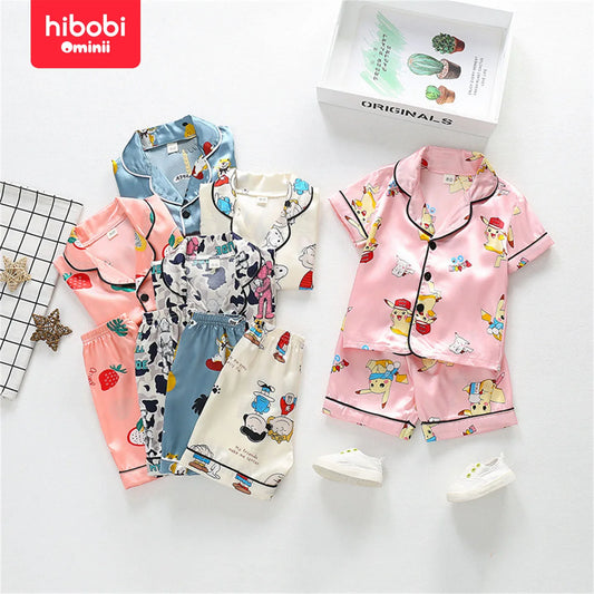 hibobi Two-Piece Summer Boys And Girls Cartoon Cardigan Pajamas Baby Ice Silk Short-Sleeved Shorts Children's Home Clothes Set