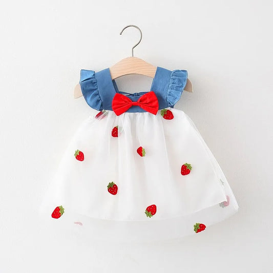 Summer New Girls' Little Flying Sleeve Dress Children's Bow Strawberry Embroidery Mesh Spliced Denim Princess Dress