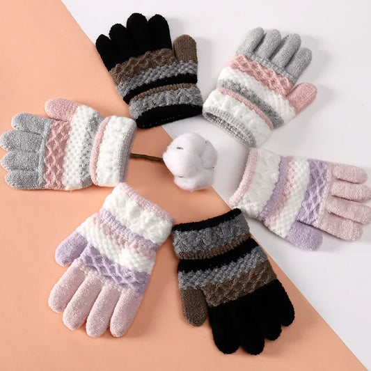 1Pairs Winter Warm Baby Gloves Cute Striped Split-finger Kindergarten Boys Girls Kids Knitted Gloves for 3-8 Years