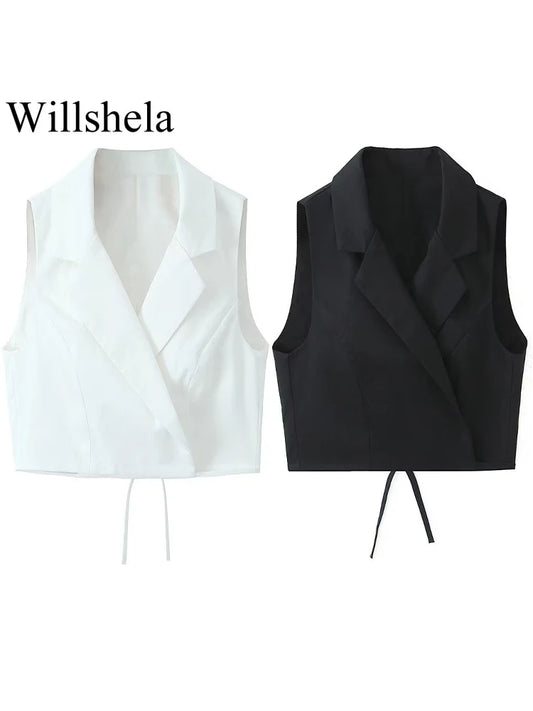 Willshela Women Fashion Solid Lace Up Sleeveless Jackets Waistcoats Vintage V-Neck Vest Female Chic Lady Tank Tops
