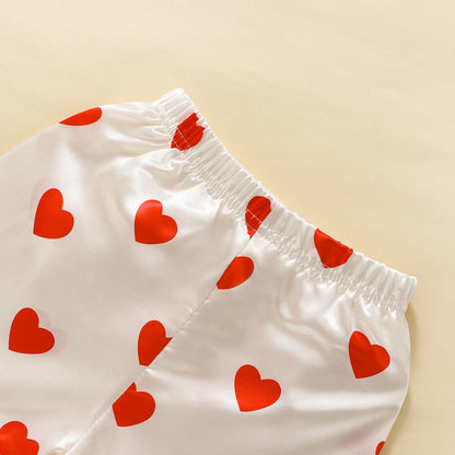 1-6Y Kids Girls Pajama Sets Heart Print Turn-Down Collar Short Sleeve Tops Elastic Waist Shorts 2Pcs Suit Pyjama Nightwear
