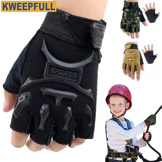1Pair Kids Half Finger Cycling Gloves Non-Slip Fingerless Adjustable Mitten Shock-Absorbing Gloves for Boys Girls Fishing Biking