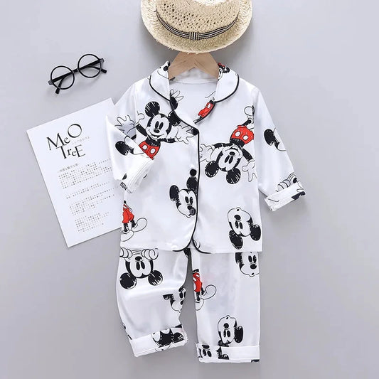 Disney Mickey Mouse Children Pajamas Suit Silk Satin Long Sleeve Top+Trousers 2Pcs Baby Boys Girls Cartoon Satin Set Nightgown