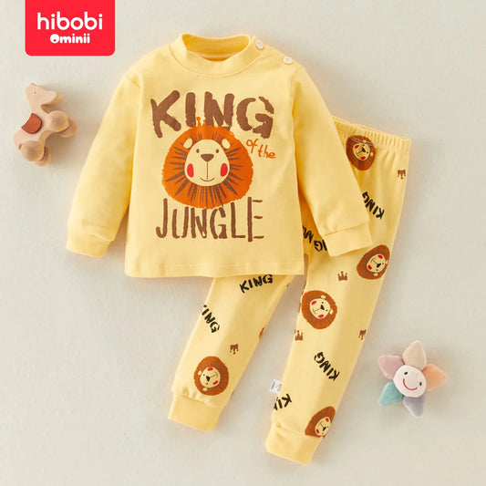 hibobi 2-Piece 100% Cotton Boy Winter Round Neck Warm Home Clothes Set Lion Pattern Pajamas And Pajama Pants Set For 1-5 Years