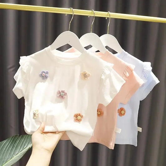 Summer Girls T-shirt New Children's Baby Cute Lace Short-sleeved Top Little Girl Cotton Bottoming Shirt