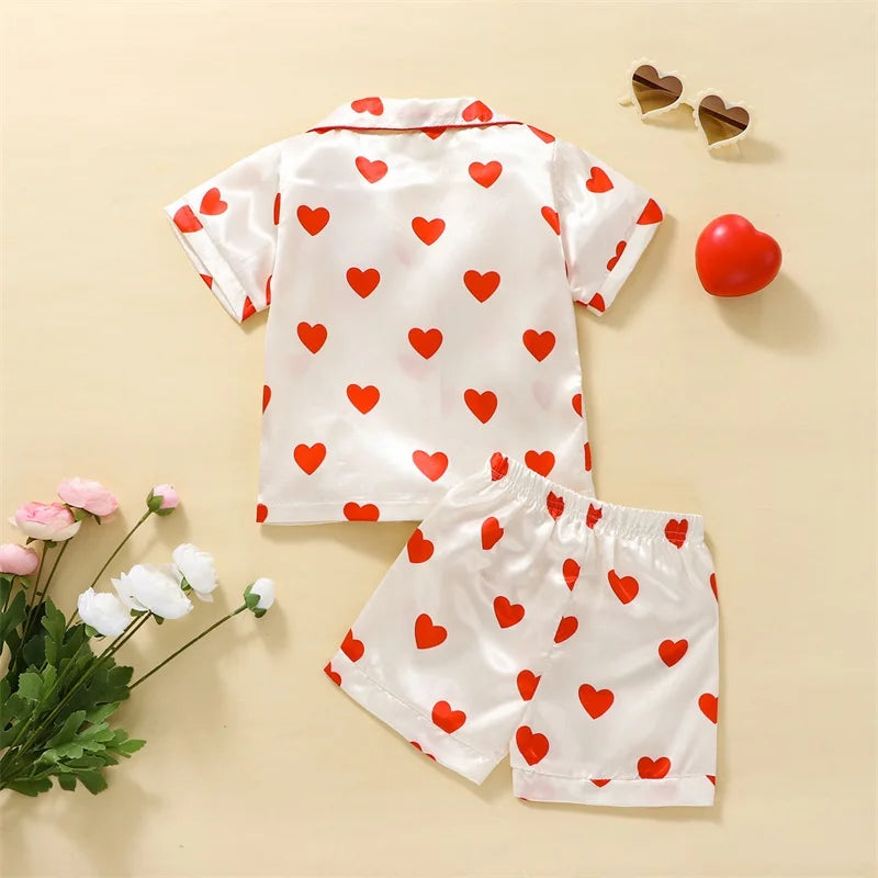 1-6Y Kids Girls Pajama Sets Heart Print Turn-Down Collar Short Sleeve Tops Elastic Waist Shorts 2Pcs Suit Pyjama Nightwear