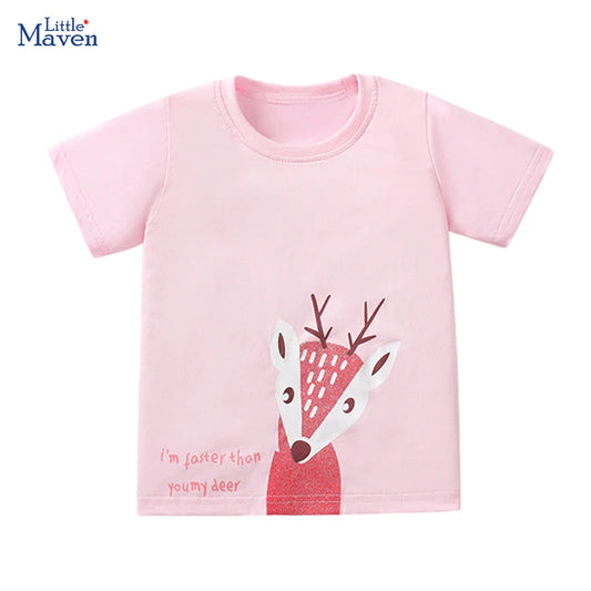 Little maven 2024 Summer Toddlers Children's Clothing Birthday Gifts Deer Pink T shirts Cartoon Baby Girls Kids Clothes Cotton