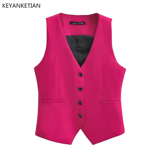 KEYANKETIAN New V-neck Single Breasted Rose Red Suit Vest Women Slim Short Fashion Asymmetrical Thin Sleeveless Coat Vest
