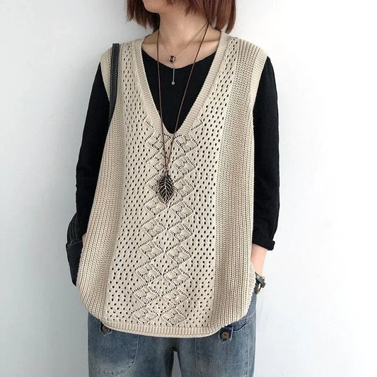 New Hollow Out Thin Knitted Sleeveless Sweater Vest Korean Fashion Spring Autumn Women Loose V-Neck Casual Pullover Jersey