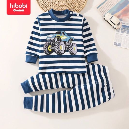 hibobi 2-Piece 100% Cotton Boy Winter Round Neck Warm Home Clothes Set Car Pattern Pajamas And Pajama Pants Set For 1-4 Years