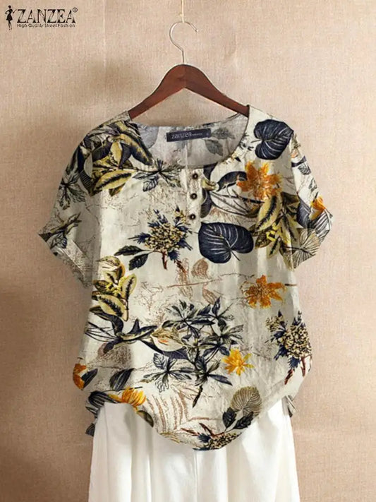 ZANZEA Women Cotton Shirt Fashion Floral Printed Tops Ladies Kaftan Chemise 2024 Summer Short Sleeve Blouses Causal O-neck Tunic